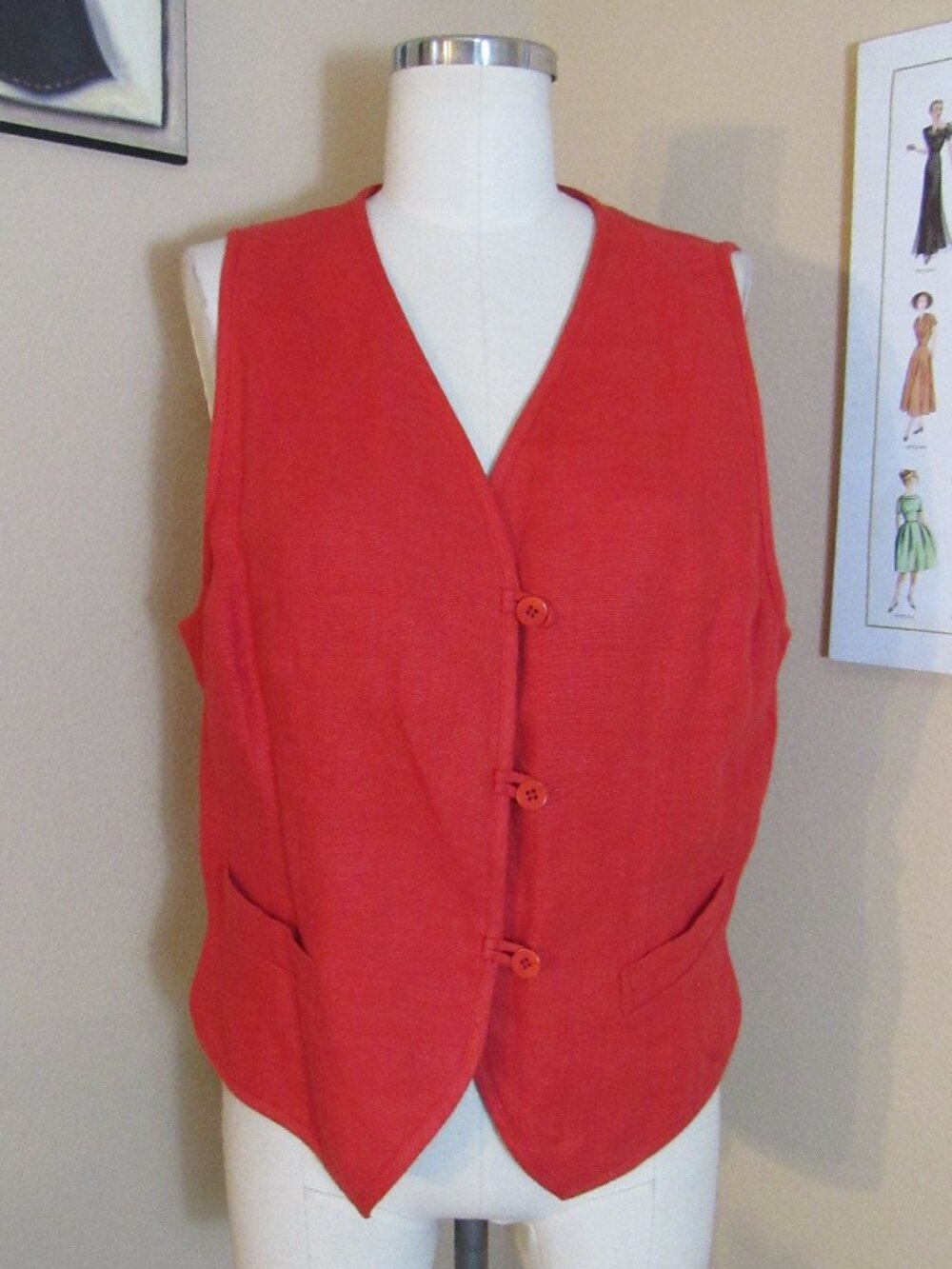 Vintage Ann Taylor Red Linen Front Lined Vest Size Large